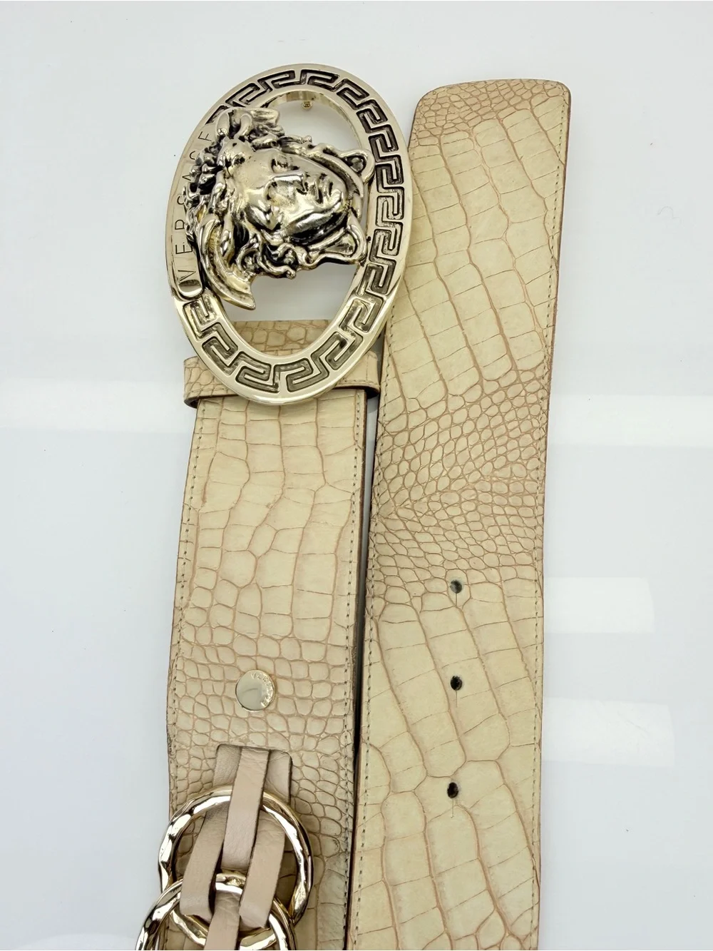 Versace Medusa Crocodile Embossed Leather Belt Beige 85/34 Italy CD9429 Unisex